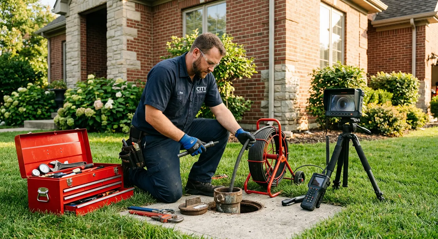 Sewer specialist with camera equipment servicing a cleanout in Pelham