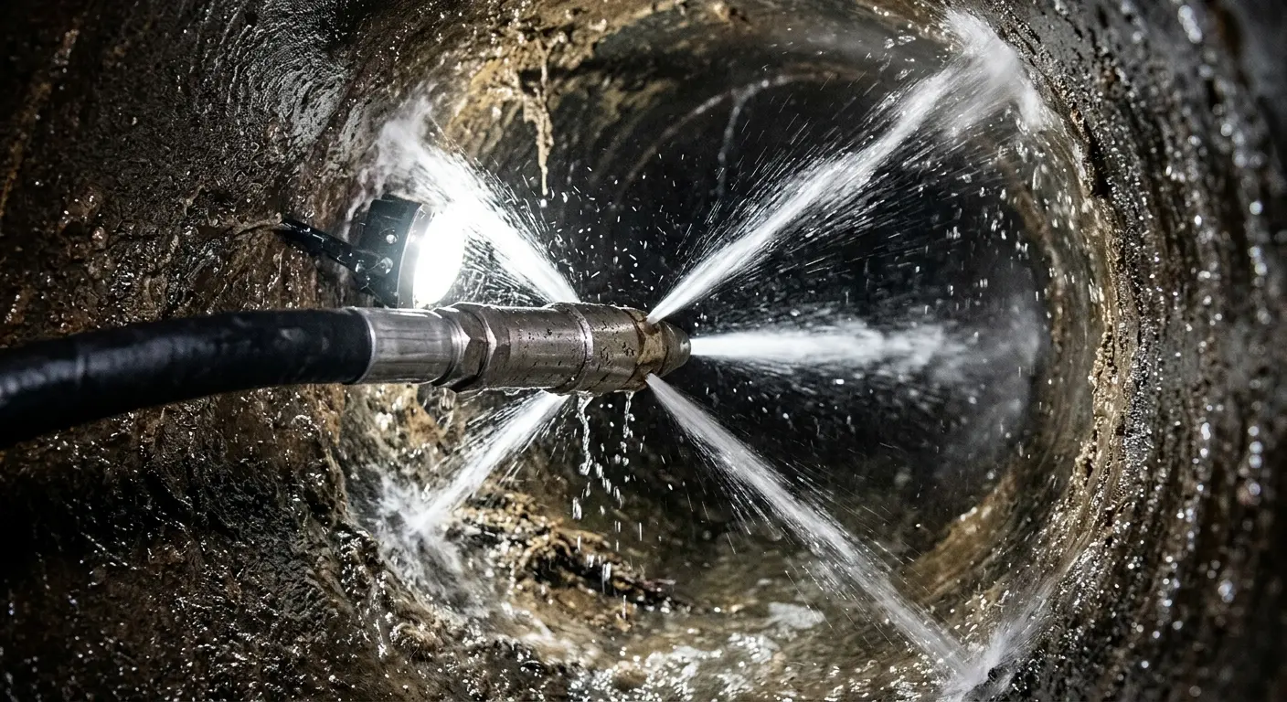 High-pressure hydro jetting nozzle cleaning sewer pipe for Sewer Line Relining in Pelham