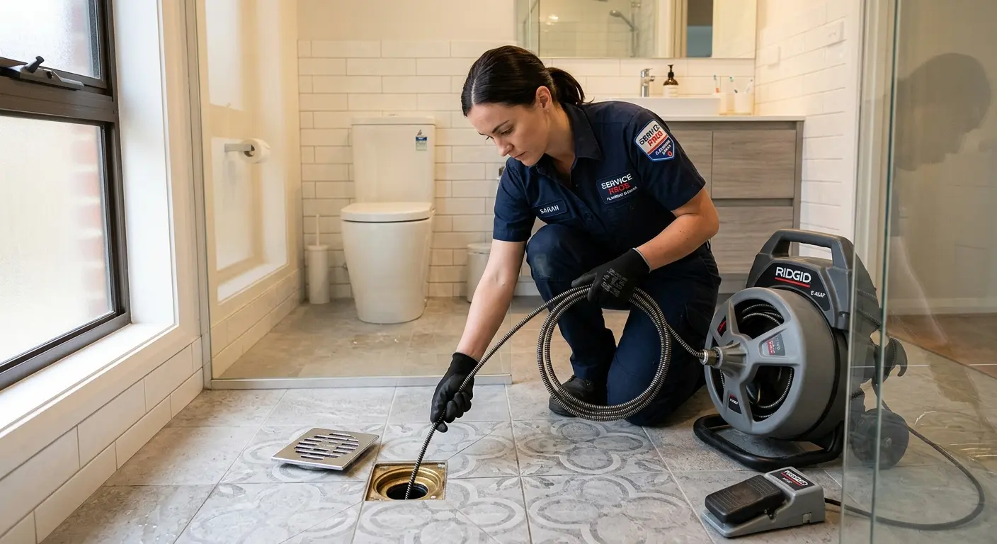 Technician clearing a bathroom floor drain for Hydro Jetting in Pelham
